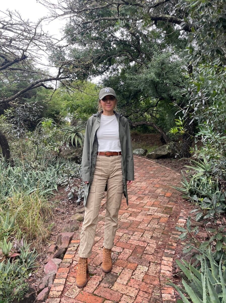 eddie bauer rain jacket, madewell cargo pants, africa
