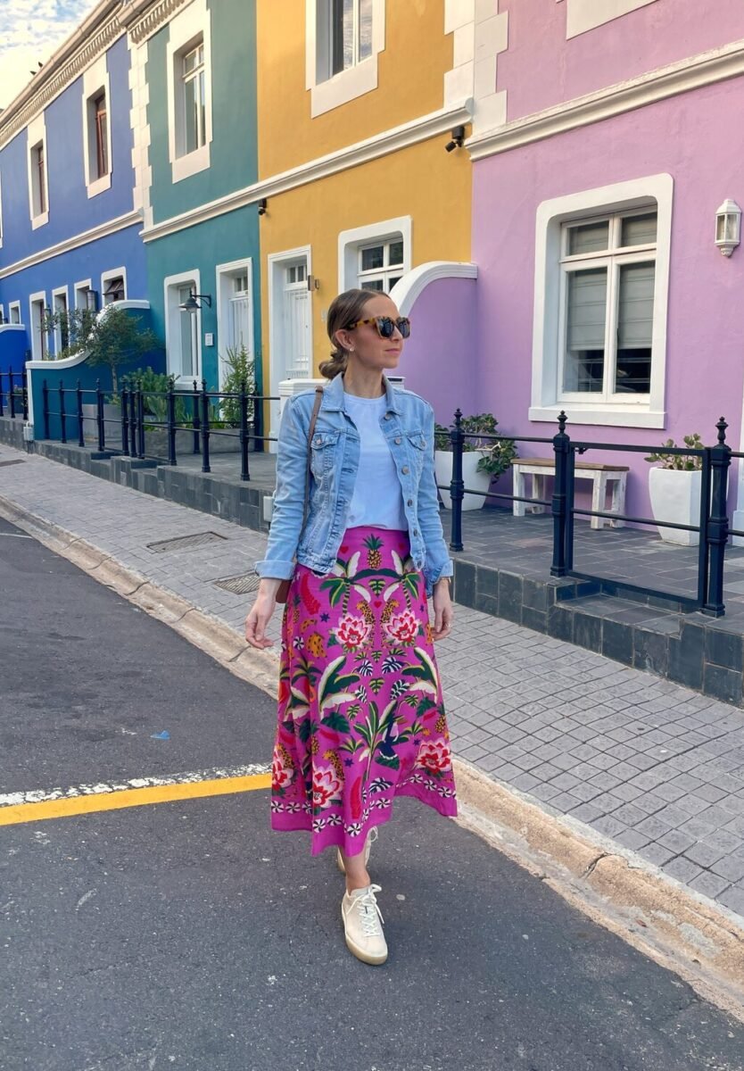 farm rio skirt, gap denim jacket, white tee cape town outfit