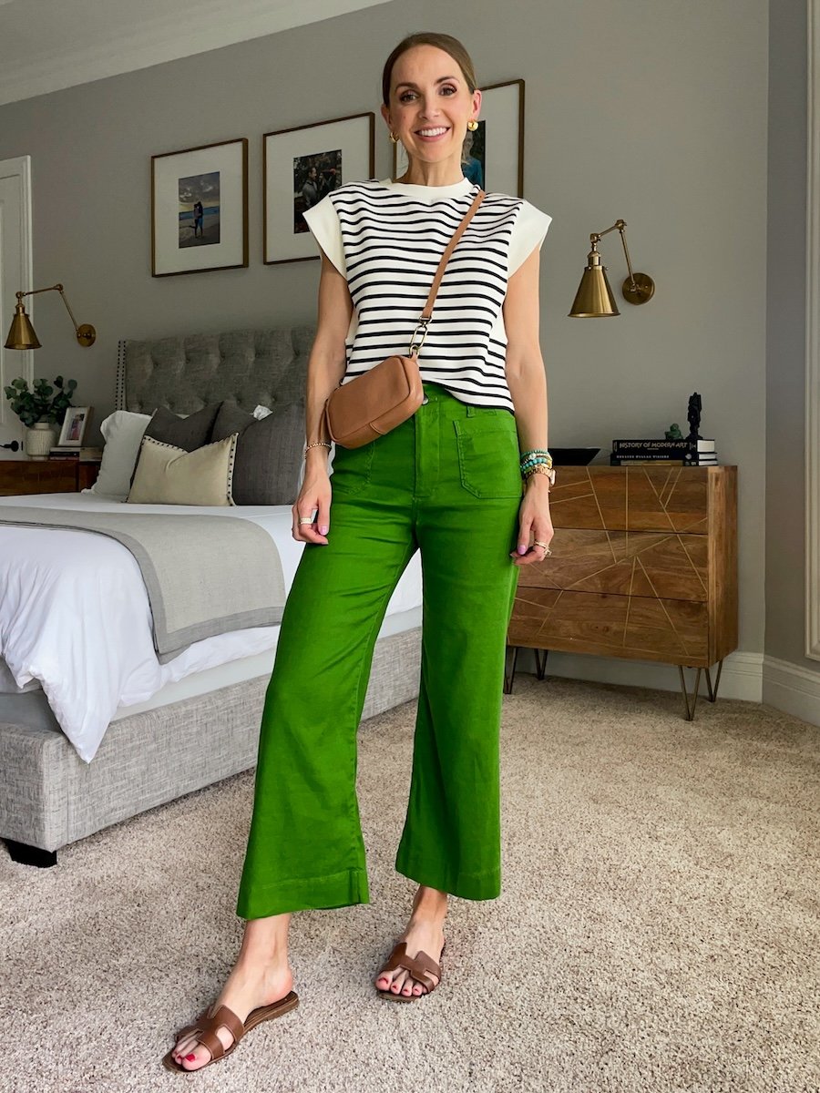 striped top green linen pants