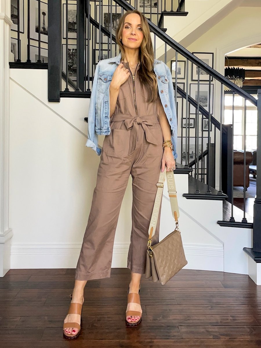 tan jumpsuit for date night merricksart