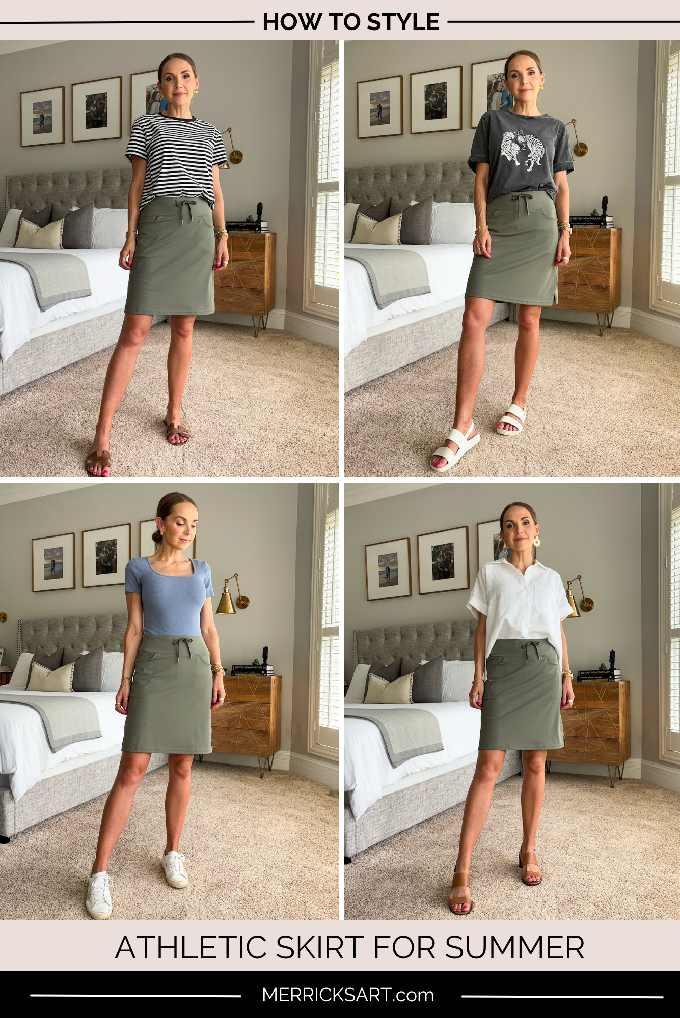 Merrick styling a green athletic skirt four ways for summer
