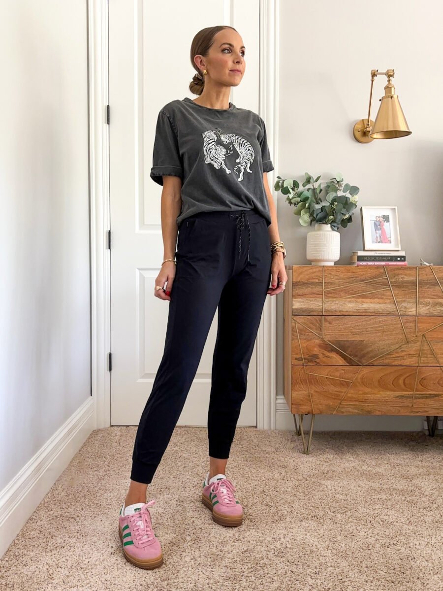 Zella joggers, able tiger graphic tee, pink and green adidas gazelle sneakers