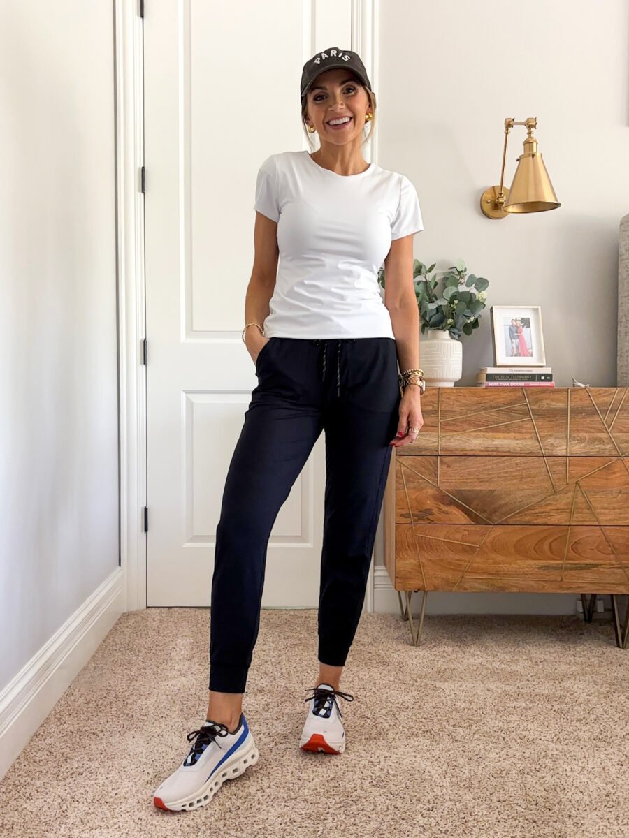 zella joggers, white tee, on cloud tennis shoes, paris hat