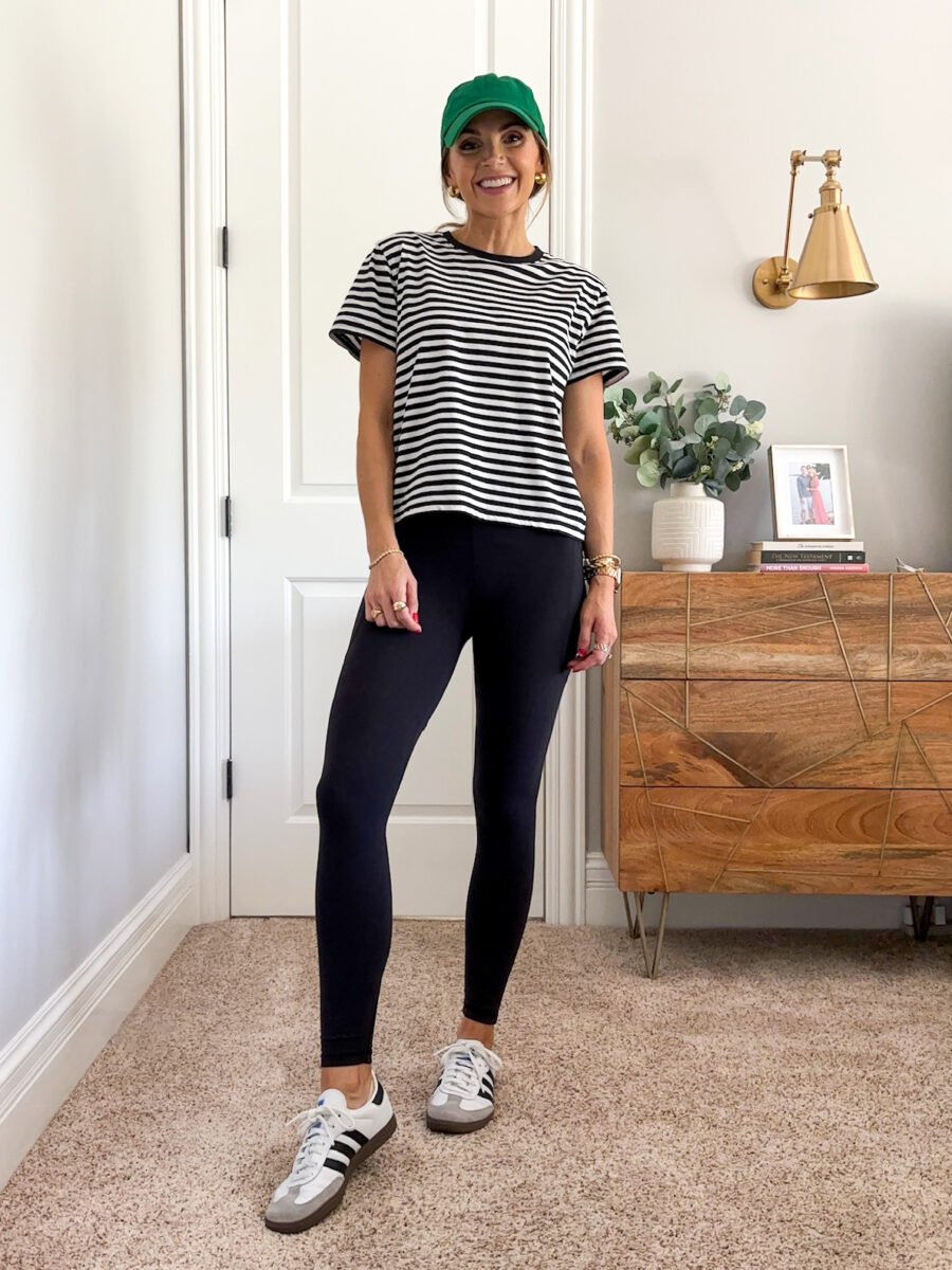 Zella Live-in leggings, everlane striped tee, adidas sambas, amazon green hat