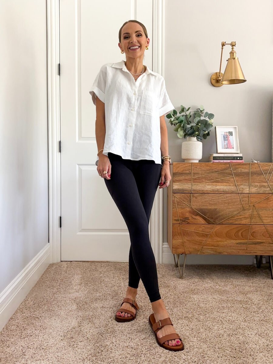 Zella live-in leggings, american giant linen shirt, madewell sandals