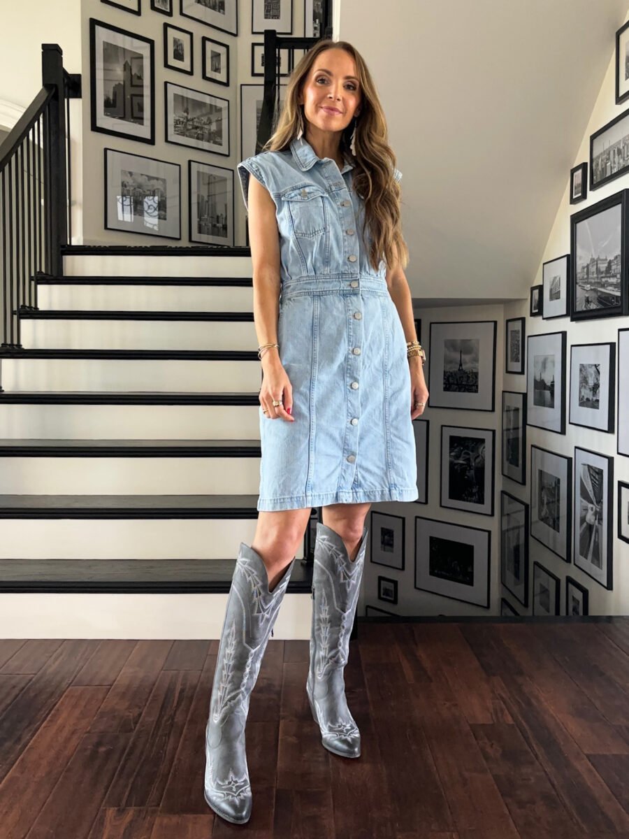 Country concert summer outfit, Madewell Denim Dress, Amazon cowboy boots, nickel and suede earrings
