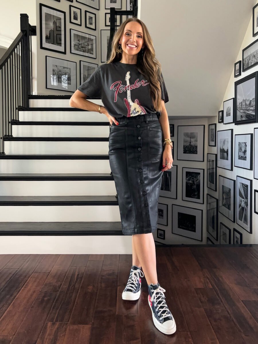 Outfit for a summer rock concert, Coated Black Skirt, Fender graphic tee, converse smiley hightops