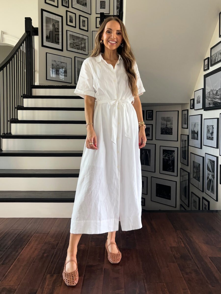 Concert in the park outfit, Aritzia linen dress, made well Greta flats, nickel and suede earrings
