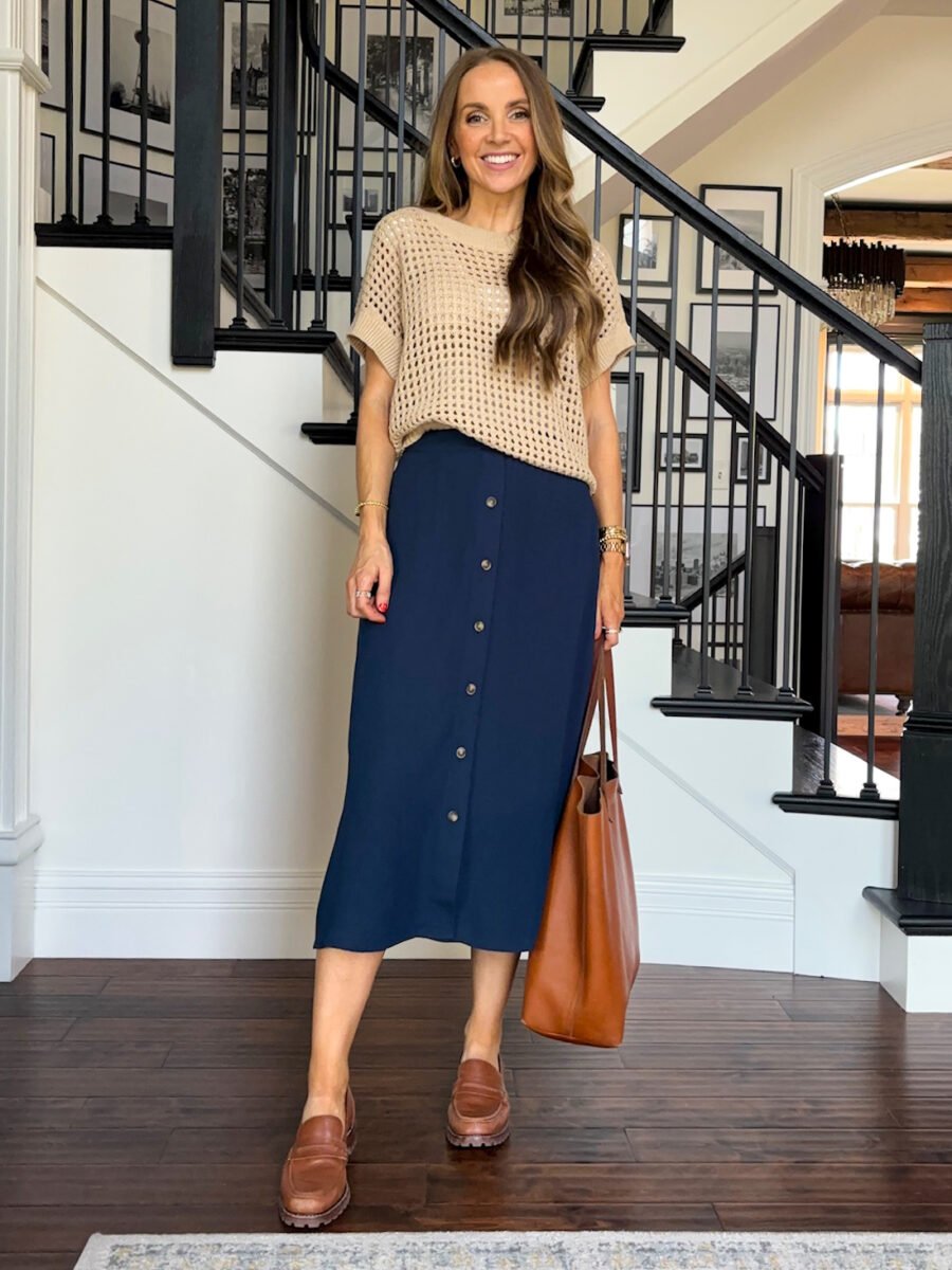 teacher outfits, Lauren COnrad navy button down skirt, kohls crochet sweater, madewell loafers, madewell tote bag