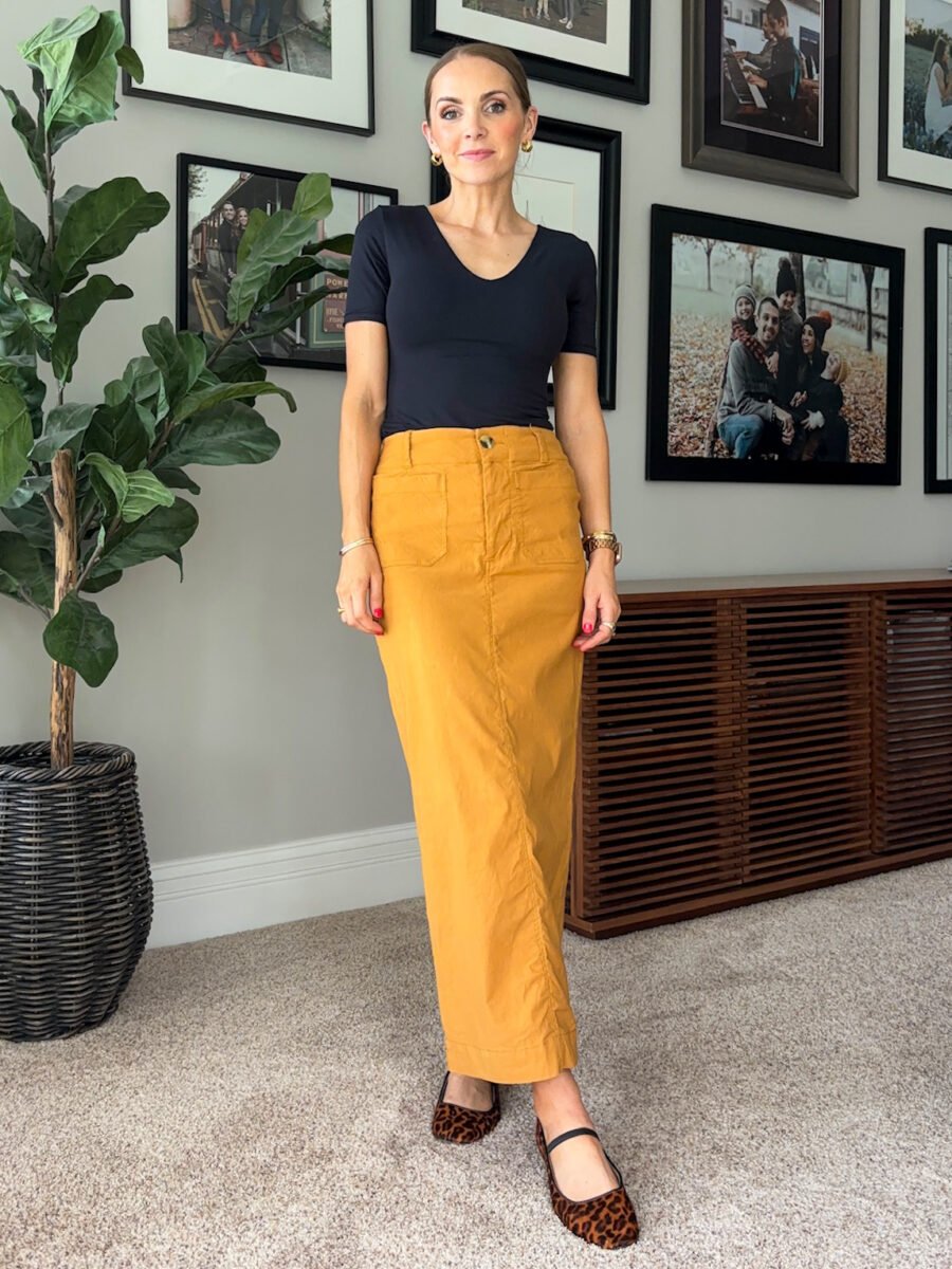 What to wear with Mustard Yellow, Anthro Colette Skirt, pumiey body suit, nordstrom flats