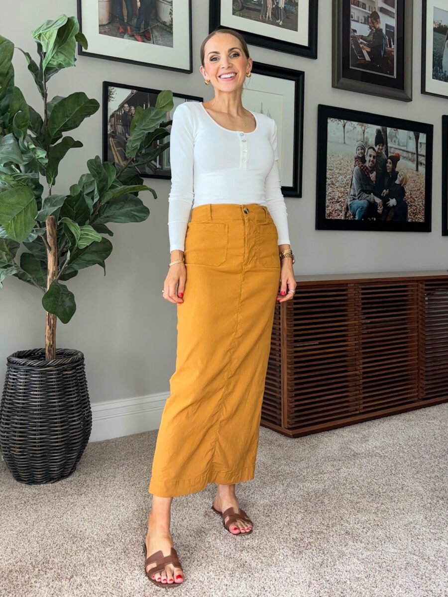 What to wear with Mustard Yellow, Anthro colette skirt, amazon henley bodysuit, hermes sandals