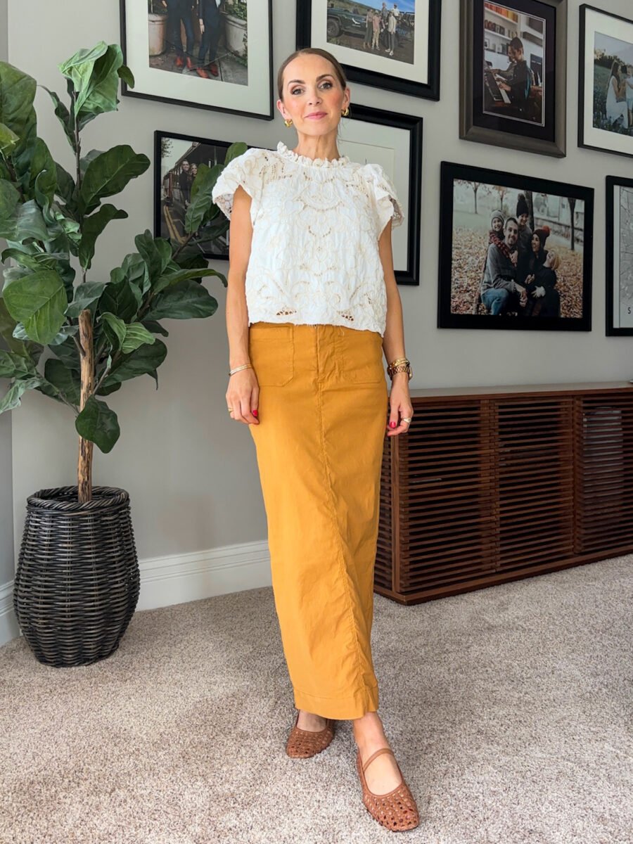 What to wear with Mustard Yellow, Anthro colette skirt, anthro lace top, madewell greta flats