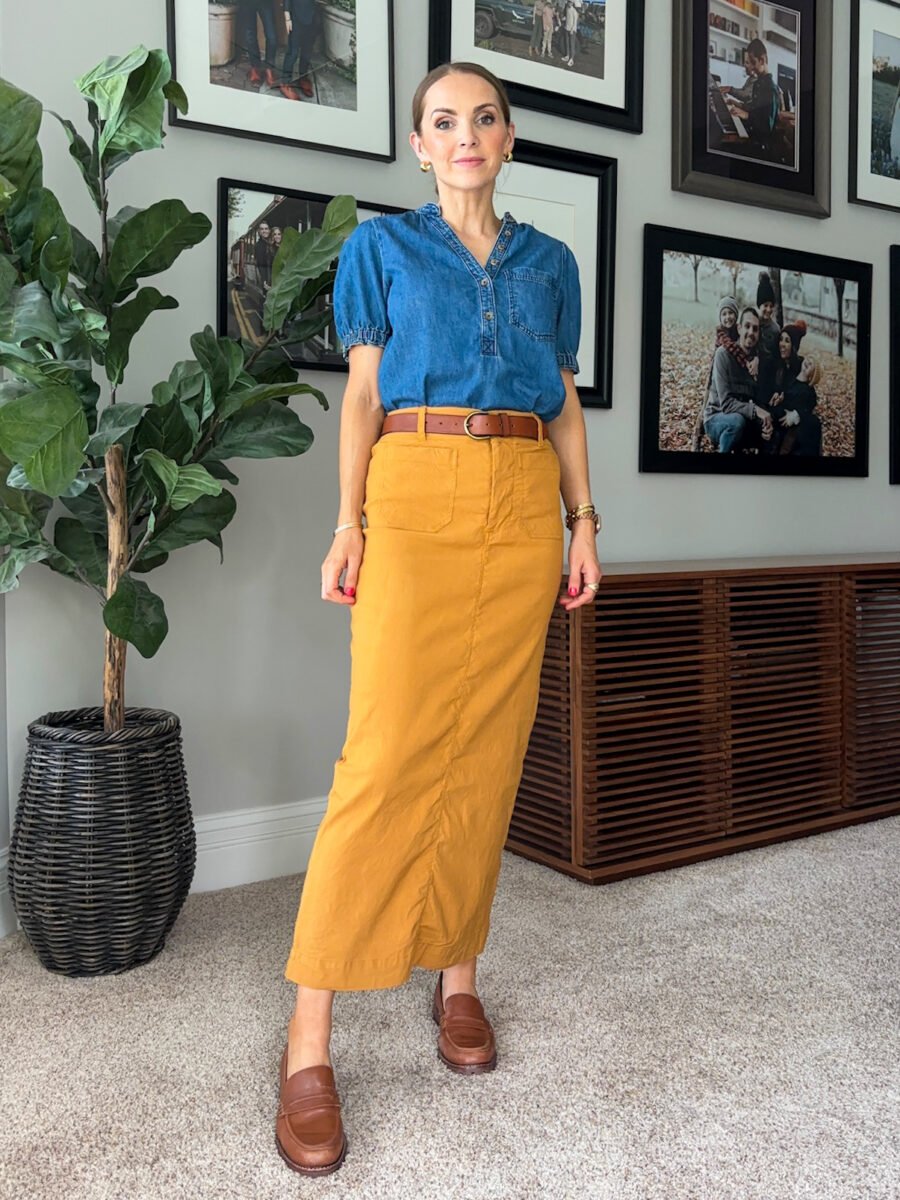 What to wear with Mustard yellow, Anthro colette skirt, anthro denim top, madewell lugsole loafers, madewell belt