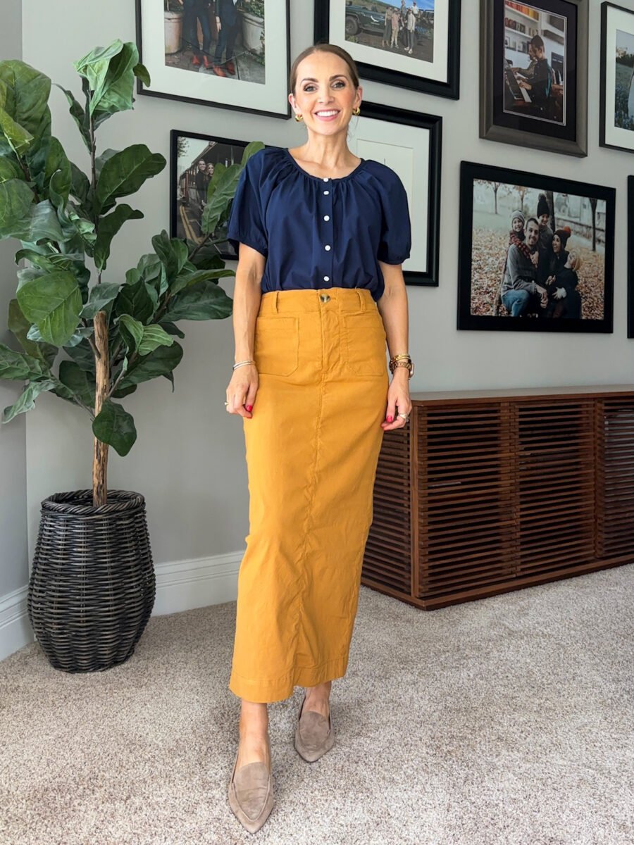what to wear with mustard yellow, Anthro colette skirt, maurices navy top, nordstrom pointed toe loafers