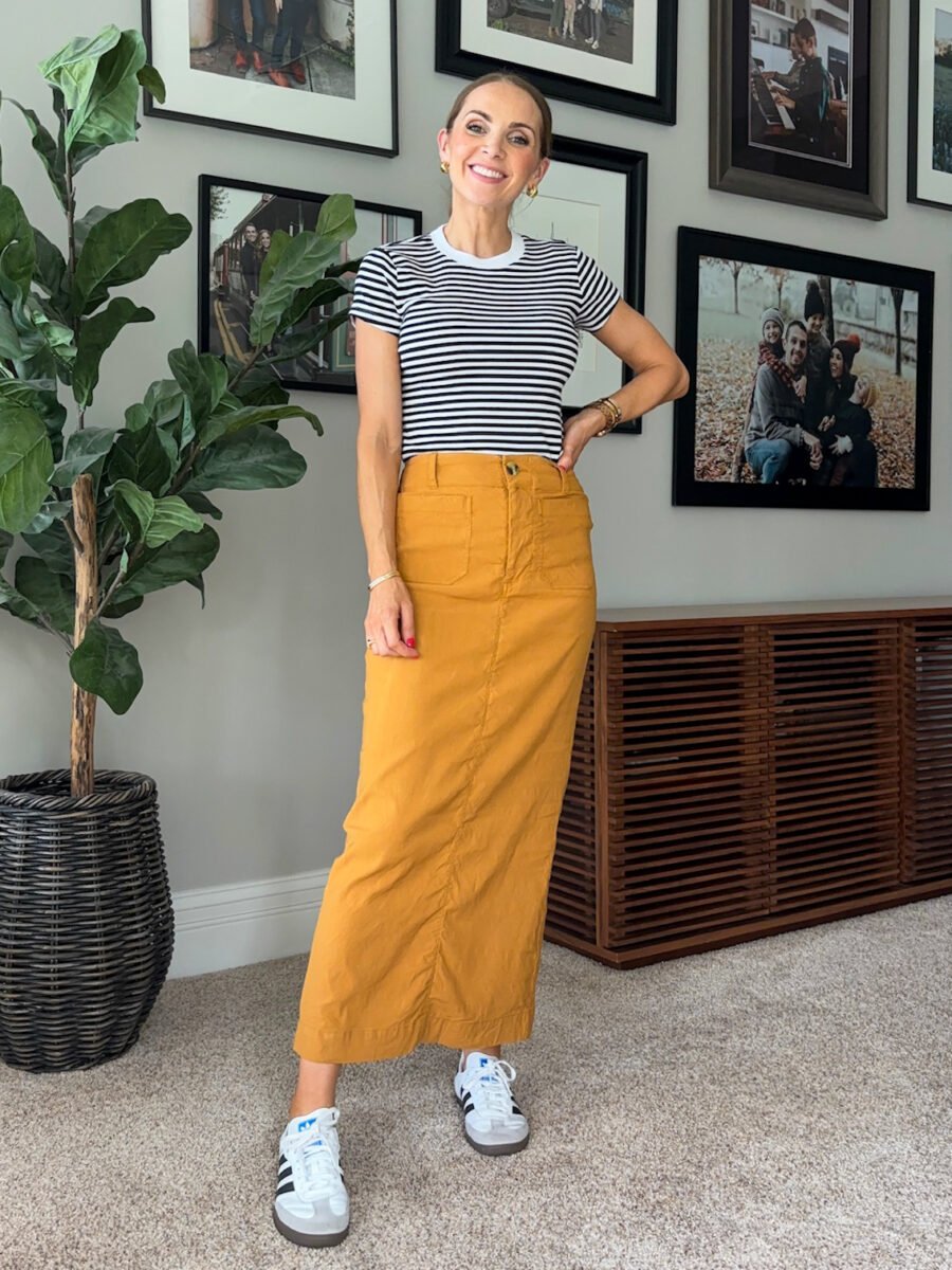 what to wear with mustard yellow, anthro colette skirt, madewell stripe tee, adidas samba shoes