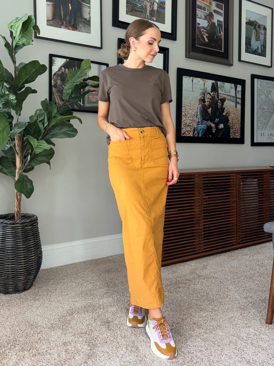 what to wear with mustard yellow, anthro colette skirt, cuts brown tee, sorel waterproof sneakers
