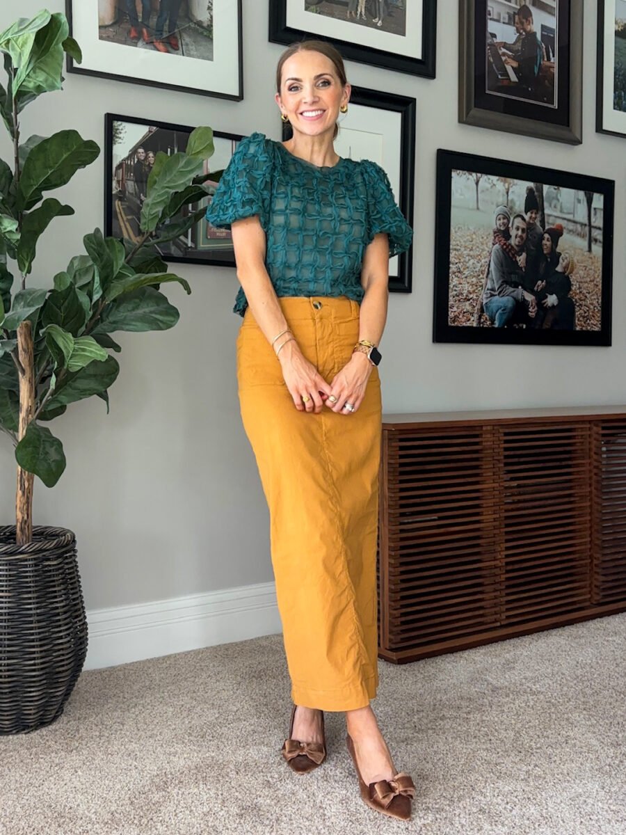 what to wear with mustard yellow, anthro colette skirt, anthro teal lacey blouse, journee velvet heels with a bow