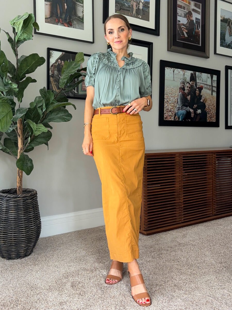 what to wear with mustard yellow, Anthro colette skirt, anthro sage green blouse, madewell sandals