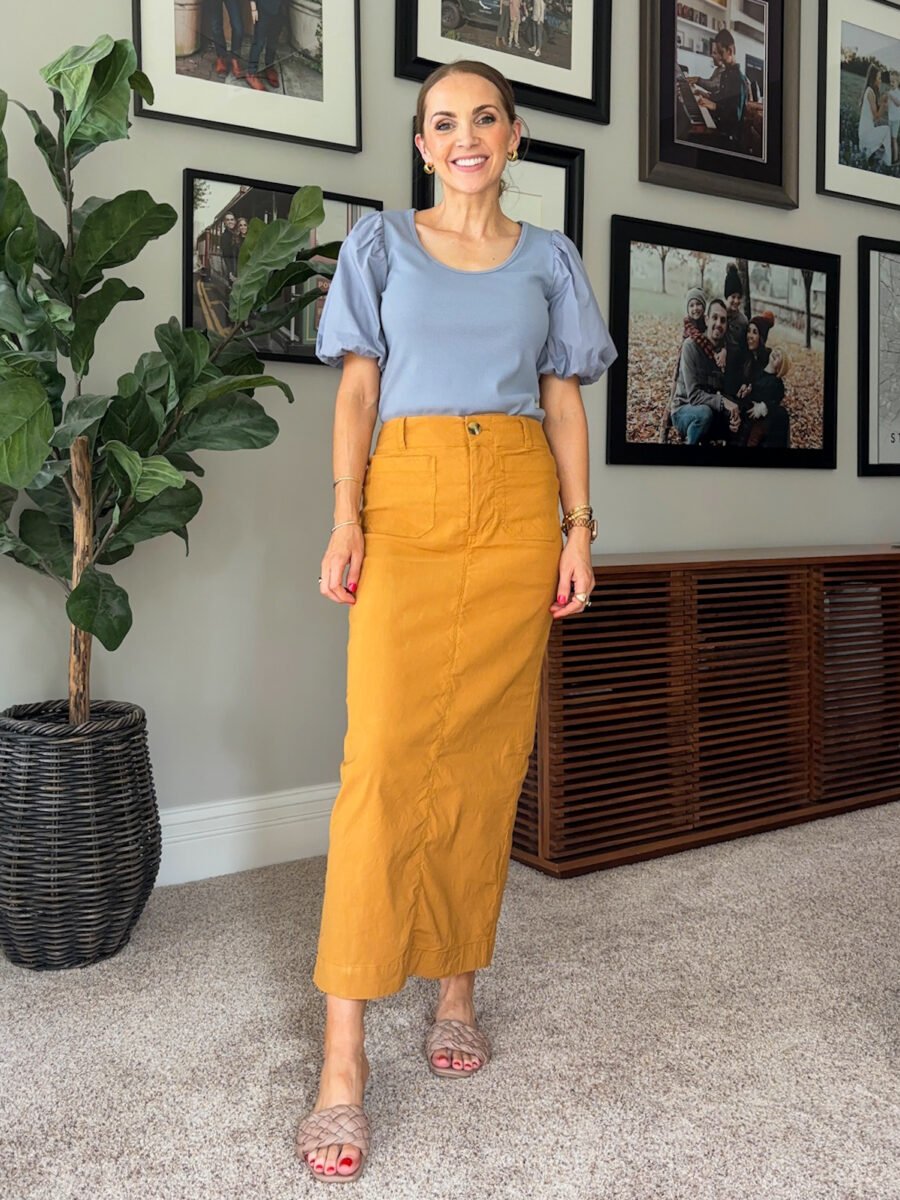 what to wear with mustard yellow, anthro colette skirt, maurices cornflower blue puffy sleeve blouse, target sandals