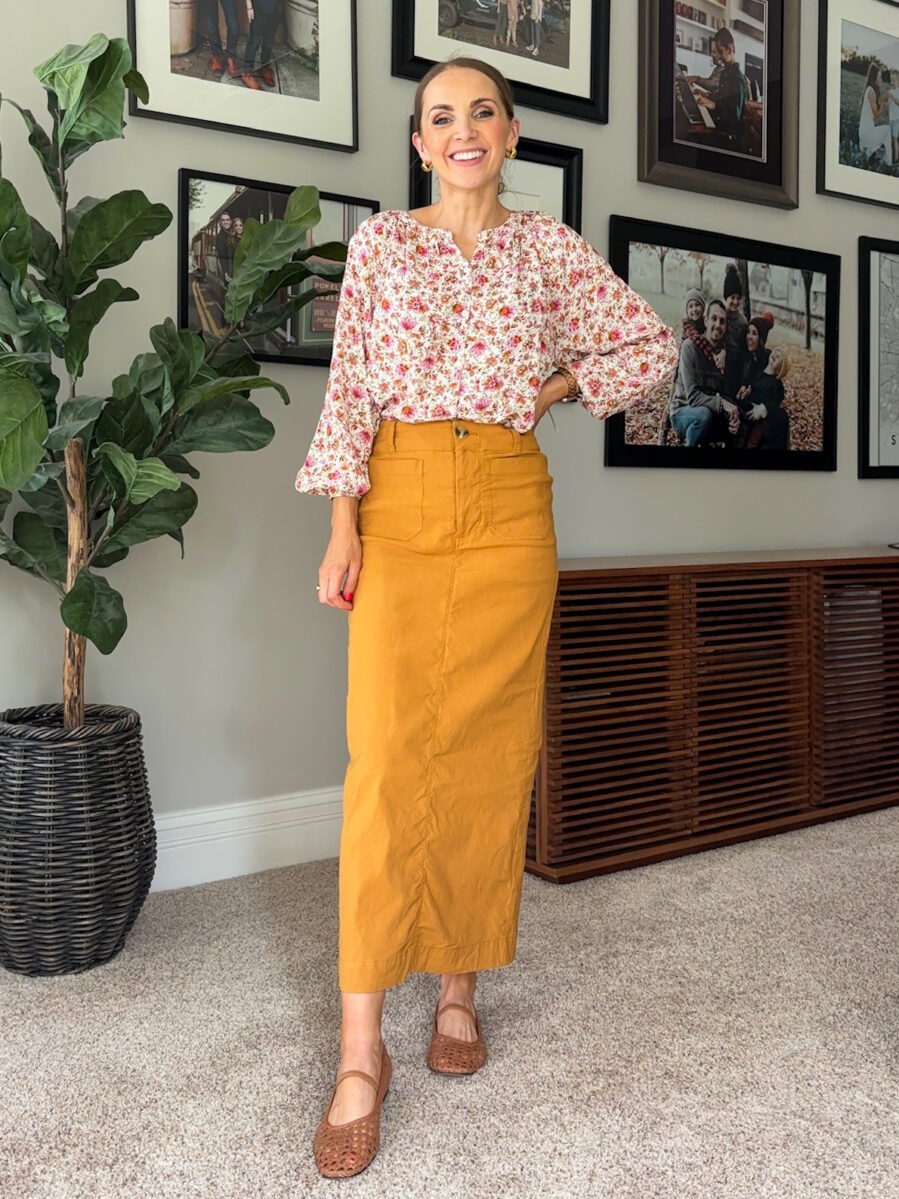 what to wear with mustard yellow, Anthro colette skirt, old navy floral blouse, madewell greta flats