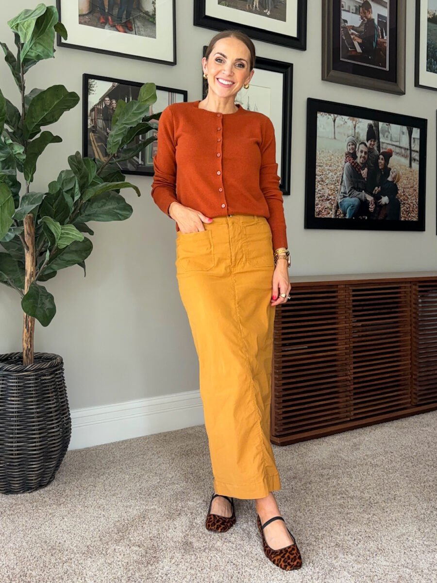 What to wear with mustard yellow, anthro colette skirt, old navy rust colored sweater, nordstrom cheetah print flats