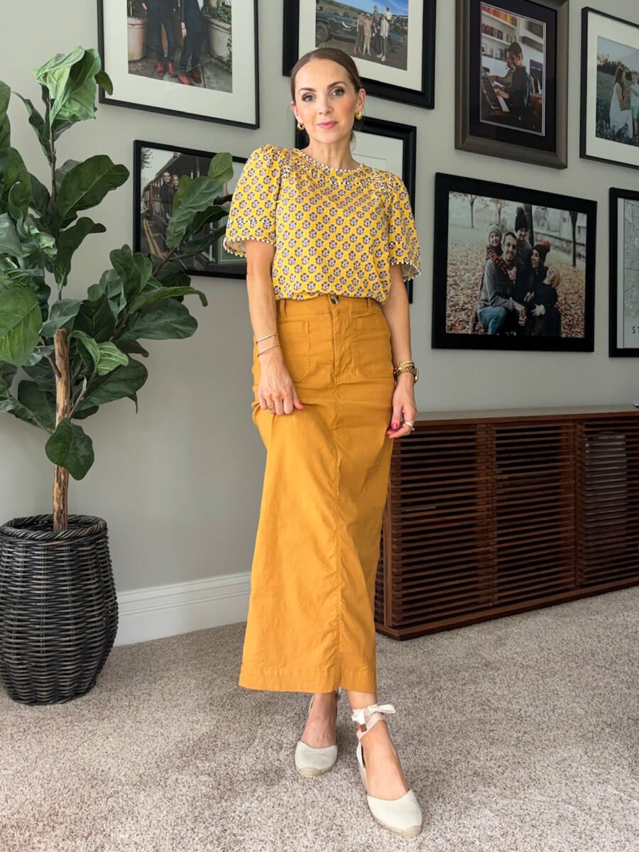 what to wear with mustard yellow, Anthro colette skirt, boden yellow blouse, cole haan wedge sandals