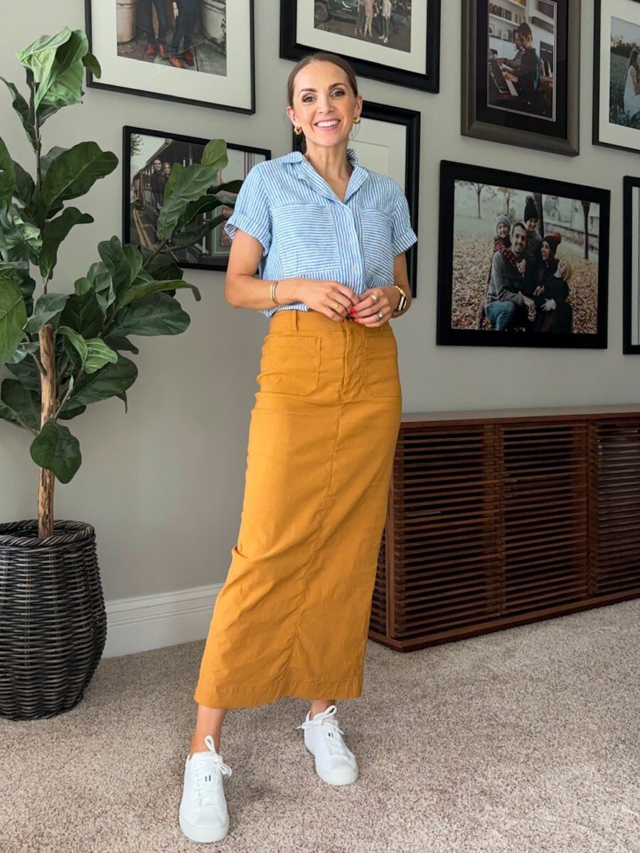 What to wear with mustard yellow, anthro colette skirt, target blue and white striped shirt, white sneakers