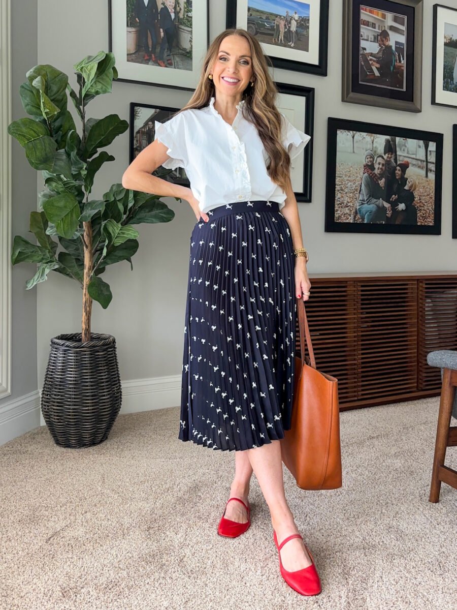 what to wear with ballet flats, Walmart pleated skirt with horses, walmart white button down blouse, madewell red flats, madewell transport tote