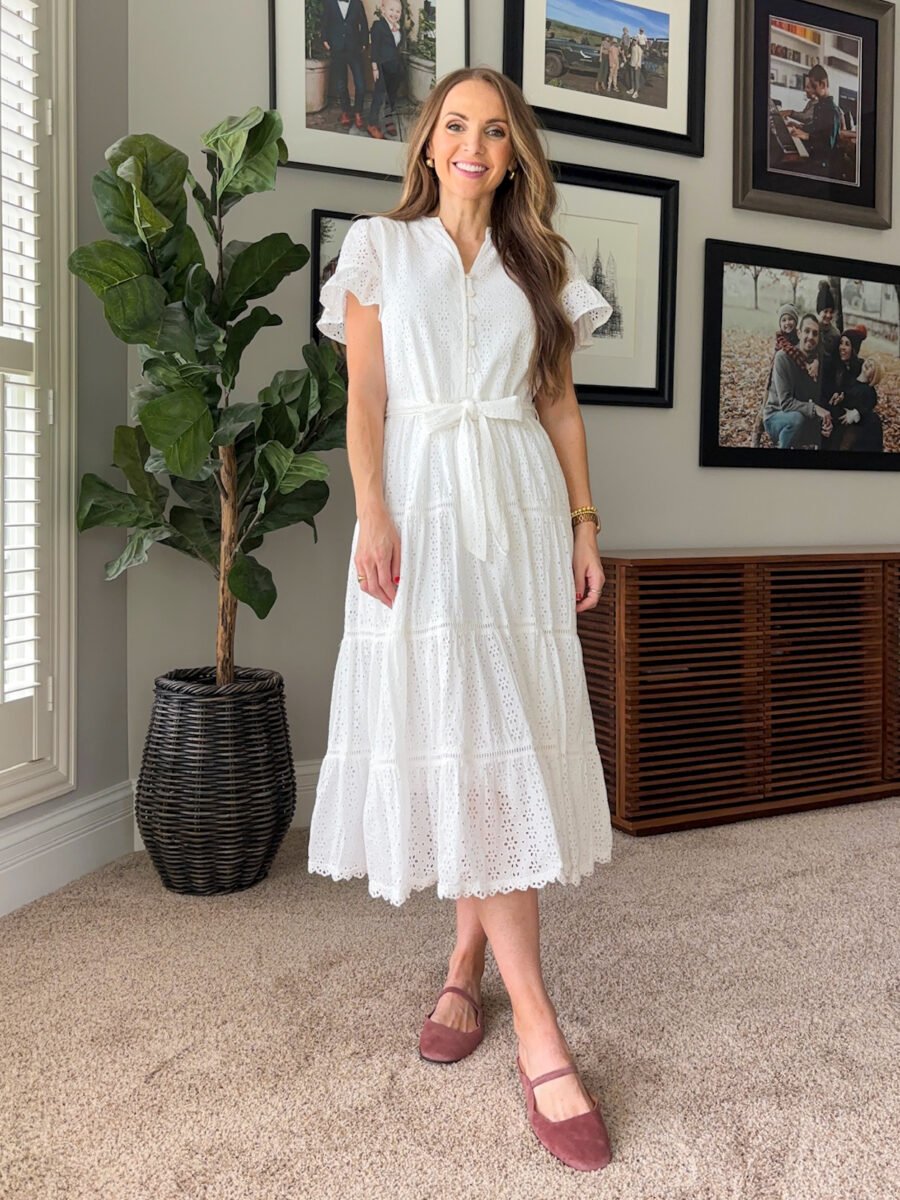 What to wear with ballet flats, Merrick White collection white eyelet lace dress, madewell flat mules