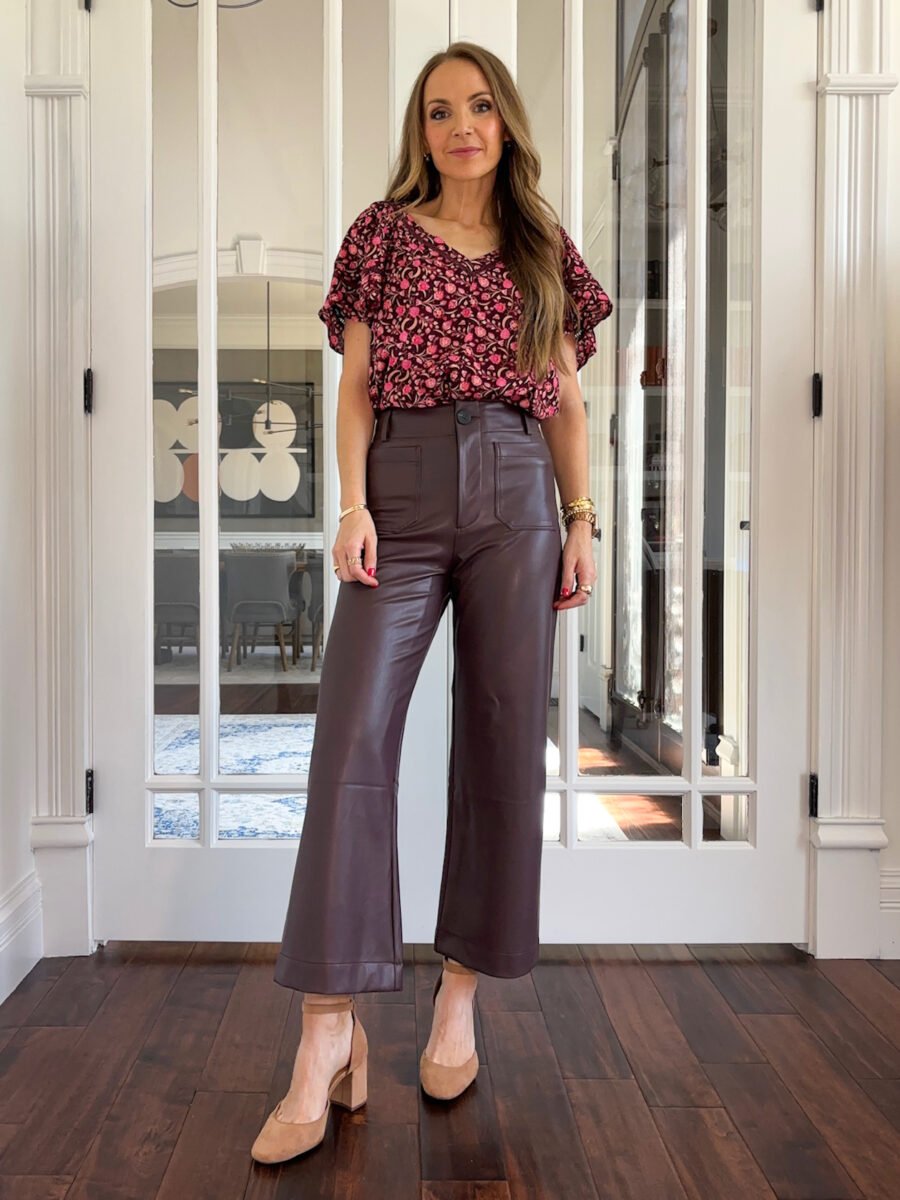 Monochromatic Outfits, Anthropologie leather colette pants, old navy blouse, j crew strappy heels