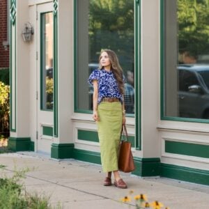 anthropologie green skirt with belt and lace top