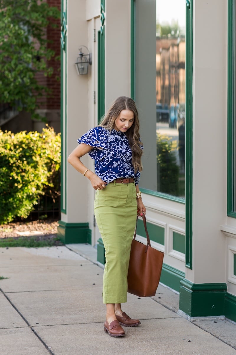 anthropologie lace top and green skirt copy