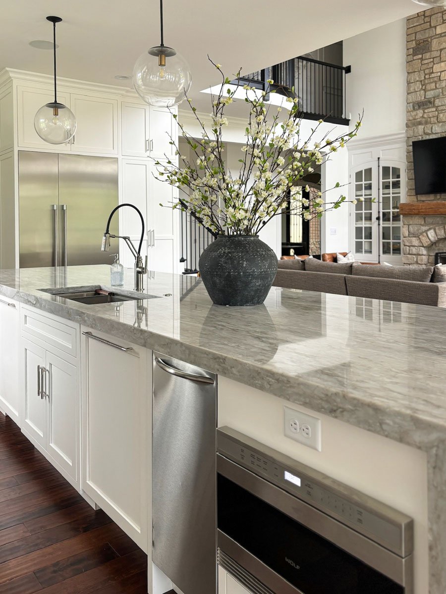 kitchen island with ice maker and microwave