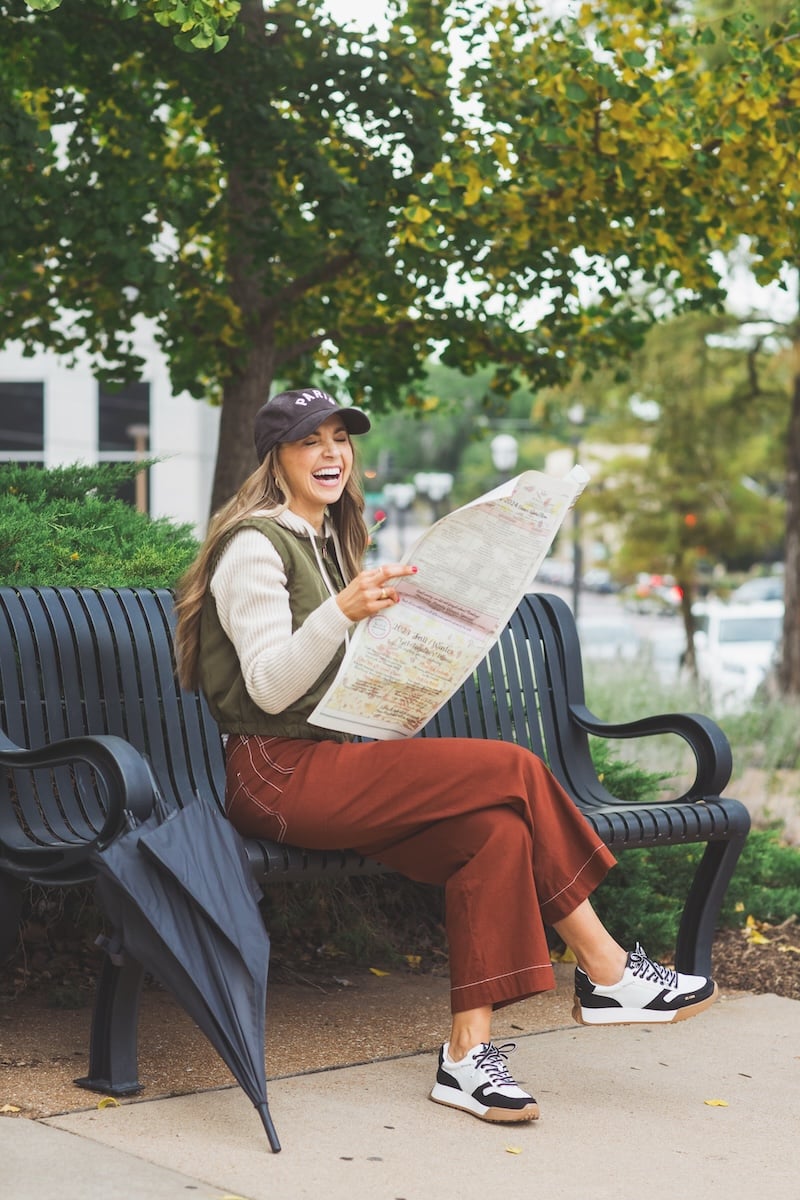 rust pants with hoodie and sneakers