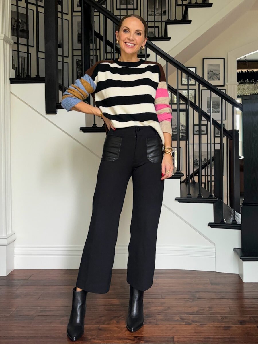 WHat to wear with pointed toe boots, Merrick x Anthropologie Colette pants with faux leather pockets, Anthropologie stripe sweater, blondo black leather boots