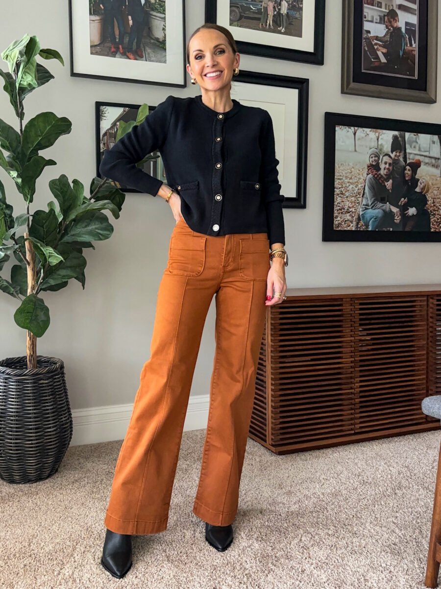 Boot Camp - what to wear with pointed toe boots, Lauren COnrad rust patch pocket pants, jcrew factory black cardigan, black blondo boots