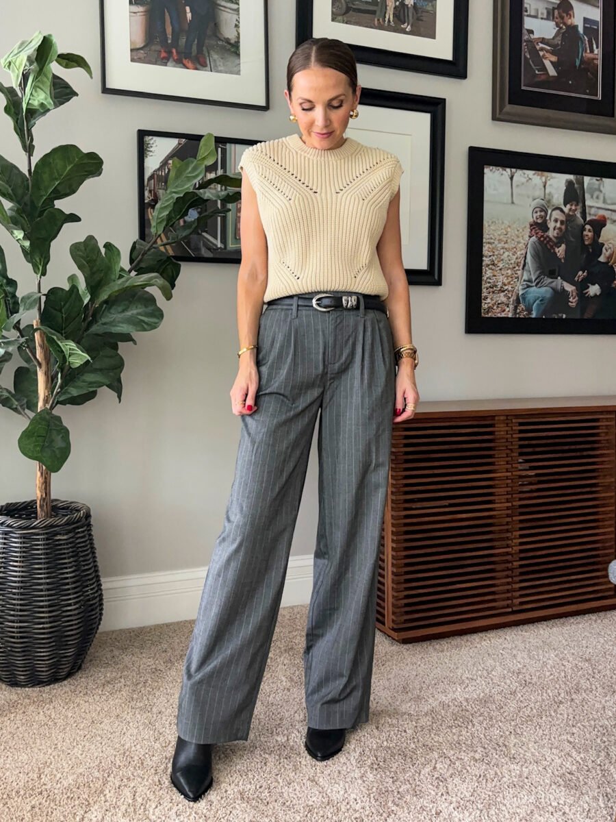 Boot Camp - What wo wear with pointed boots, Target wide leg grey pinstripe pants, cream sweater vest, western belt, blondo waterproof pointed booties