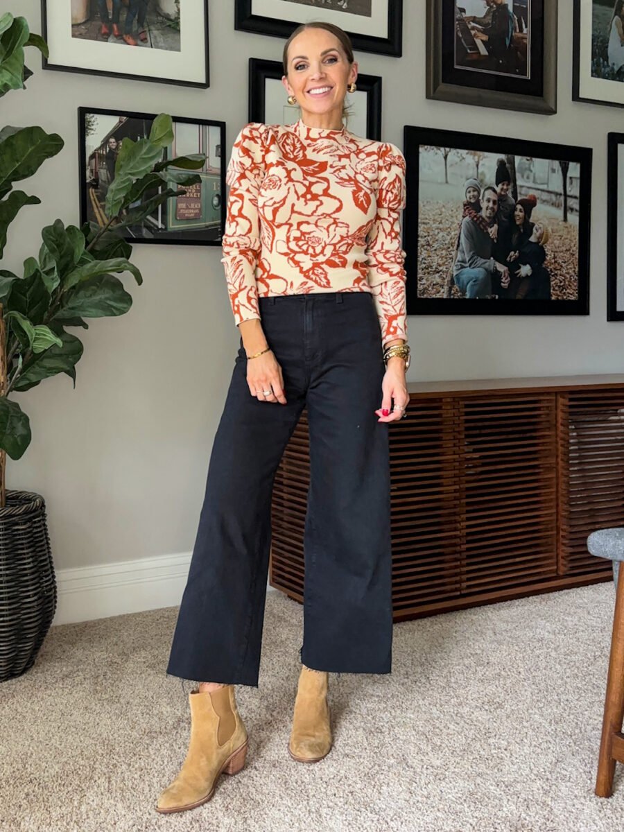 Boot Camp - How to style western boots, Baltic Born Floral sweater, target sailor pants, madewell western inspired ankle boots