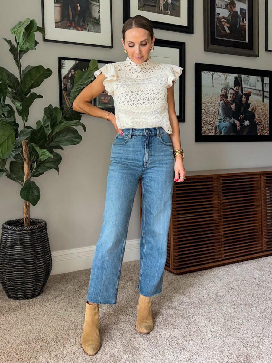 Boot Camp - How to style western boots, Antrhopologie lace top, everlant way high distressed jeans, madewell western inspired boots