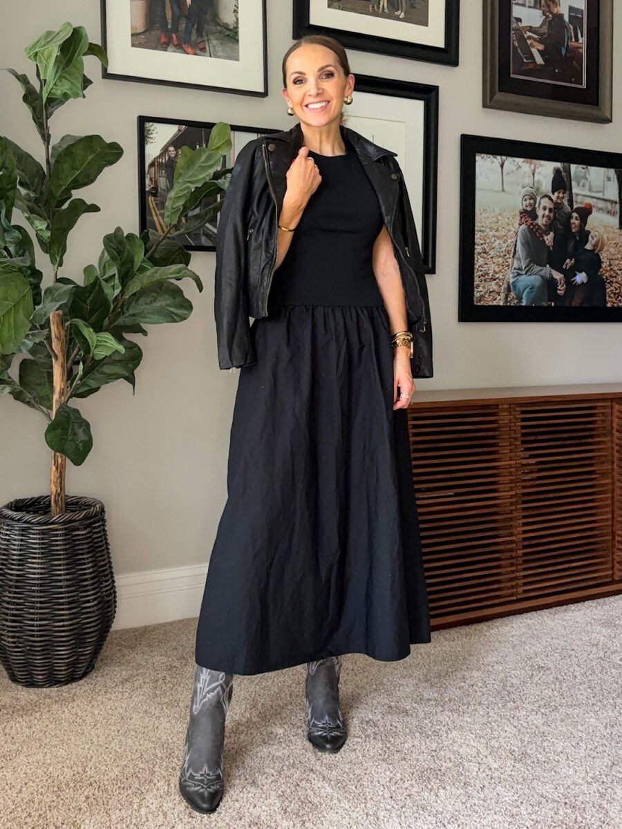 Boot Camp - HOw to style Western boots, Mango Drop Waist dress, amazon tall black boots, madewell leather jacket