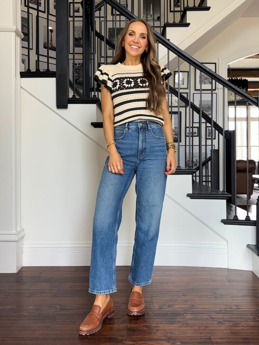 Summer to Fall Better than Basic Tops, Everlane Way High Jeans, Nordstrom Rails sweater tee, madewell lugsole loafers