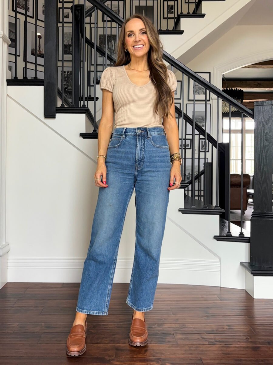 Summer to Fall Tops, Everlane Way High Jeans, Lulus tan bodysuit, madewell lugsole loafers