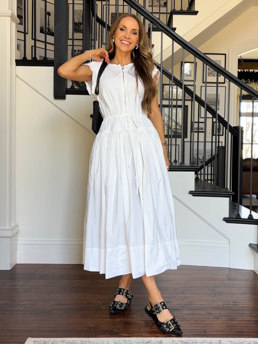 How to style buckle flats, J Crew White drop waist dress, anthropologie handbag, amazon buckle flats
