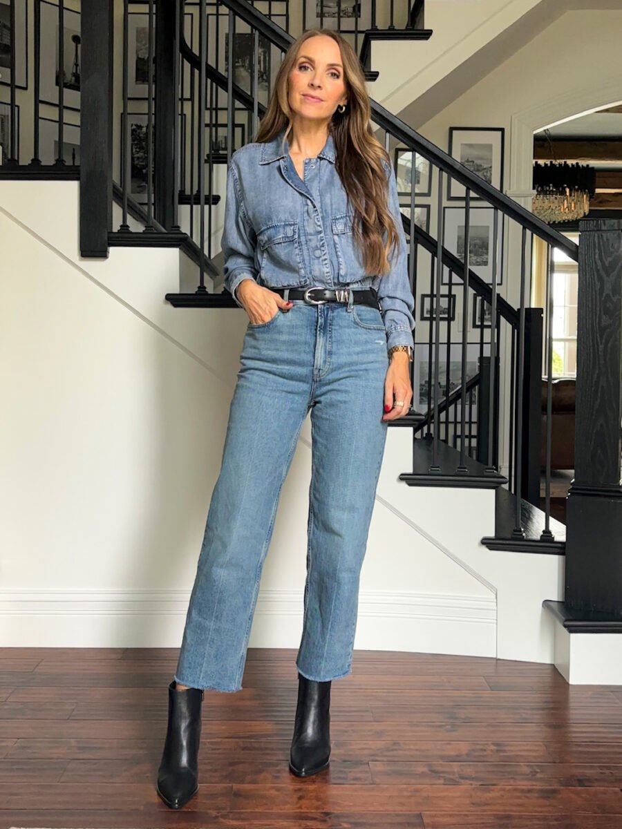 Denim on Denim outfits, Kohls denim shirt jacket, everlane way high distressed jeans, nordstrom boots, madewell western belt