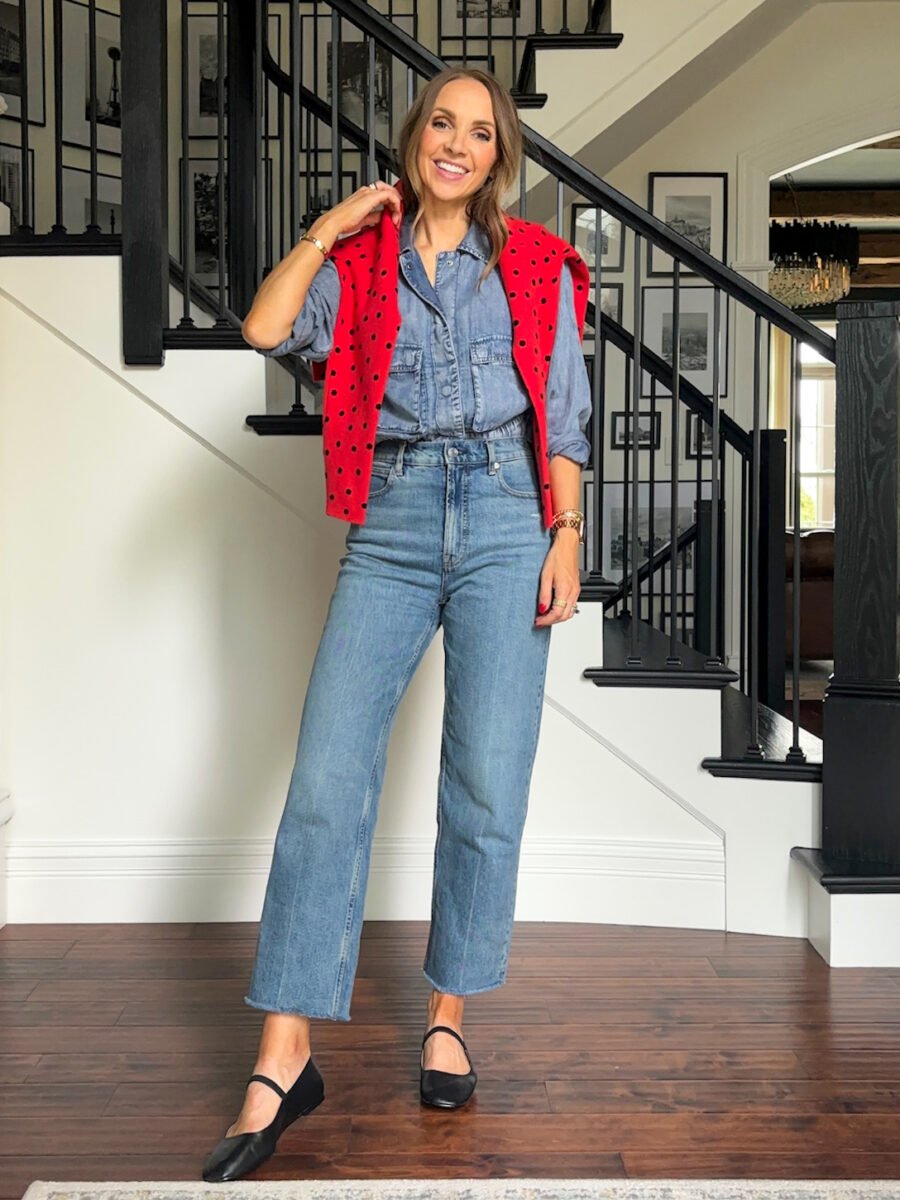 Denim on Denim, Kohls denim shirt jacket, everlane way high jeans, madewell black ballet flats, anthropologie red polka dot sweater
