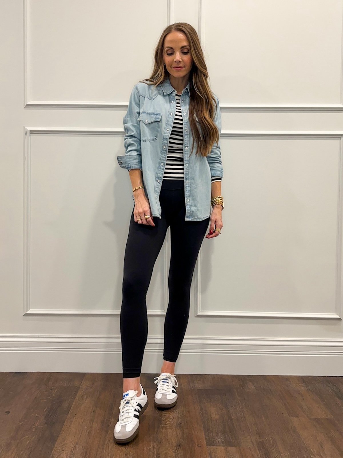 denim shirt with striped tee and leggings