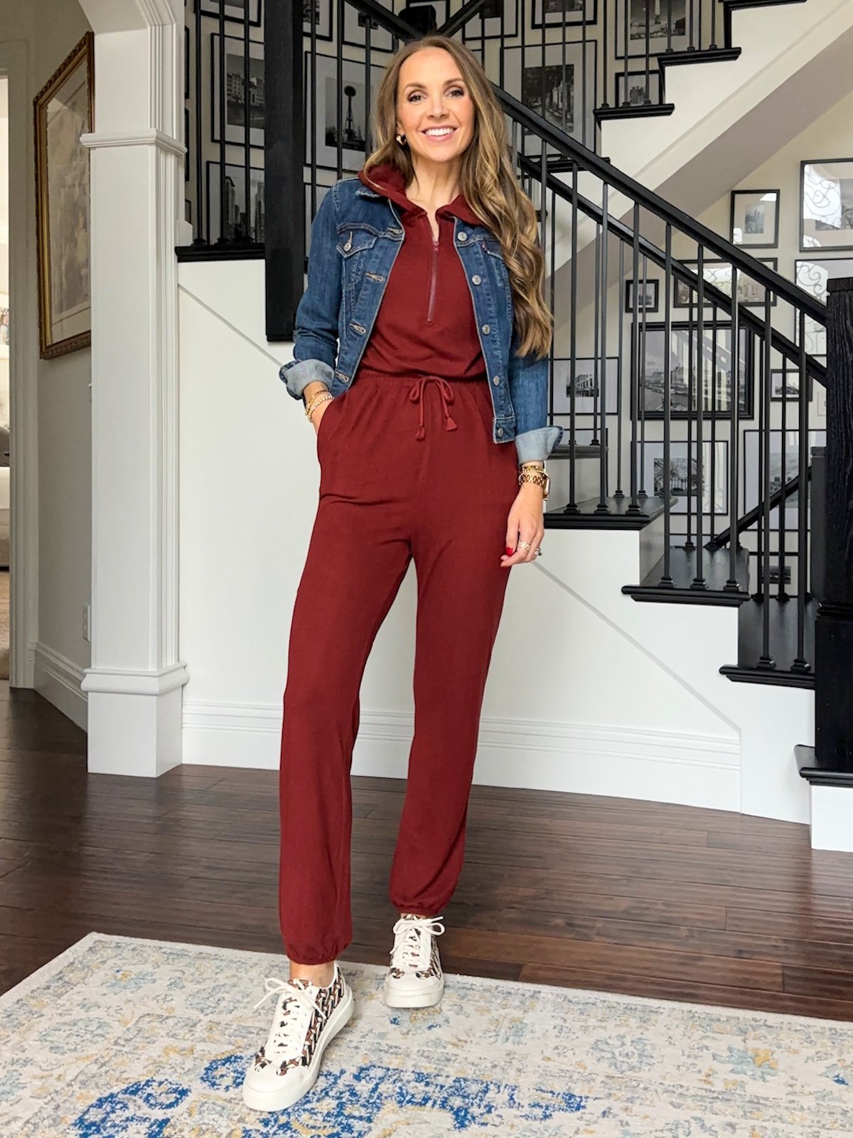 rust jumpsuit with denim jacket