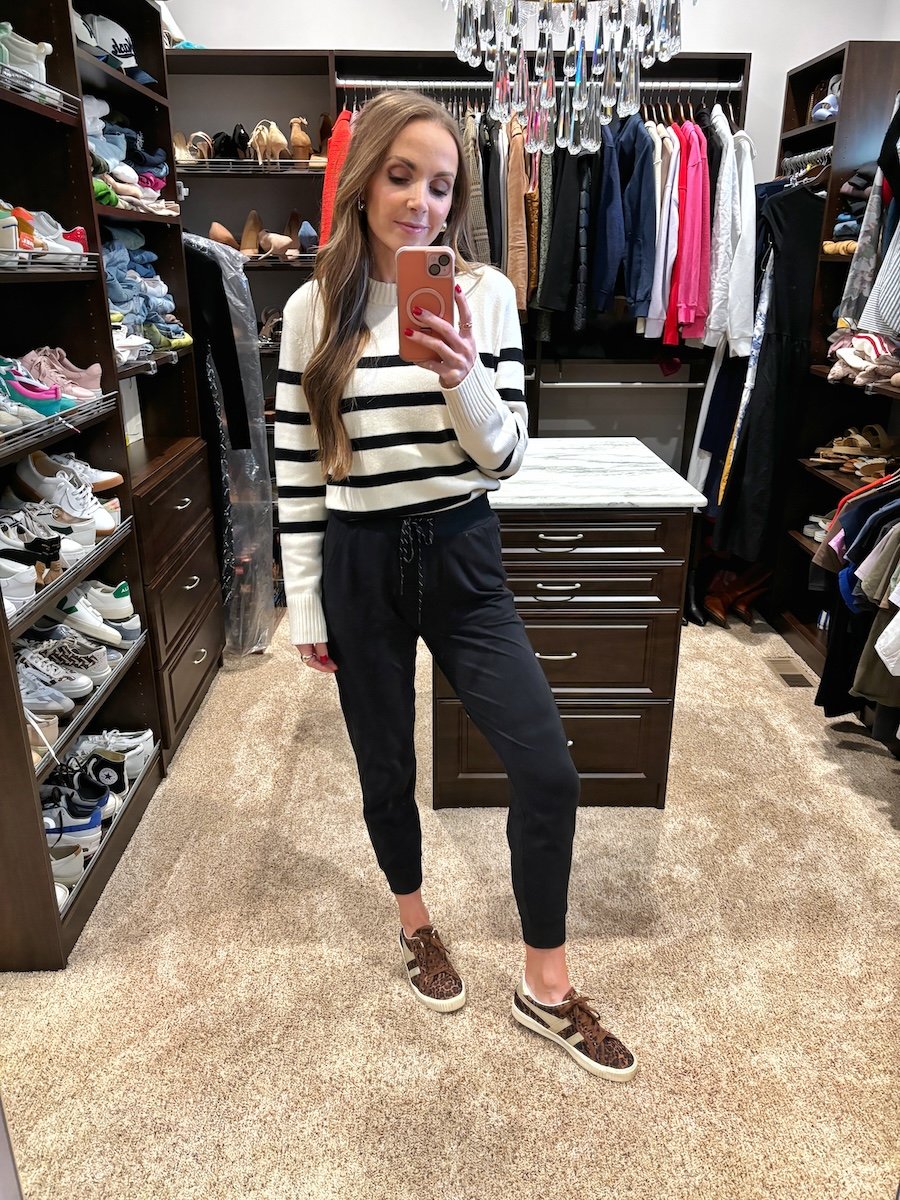 striped target sweater and black zella joggers