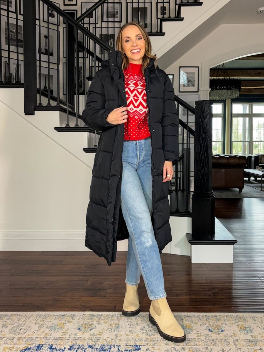 Holiday Sweater outfits - Old Navy sweater, target puffer coat, tan chelsea boots, aritzia light denim