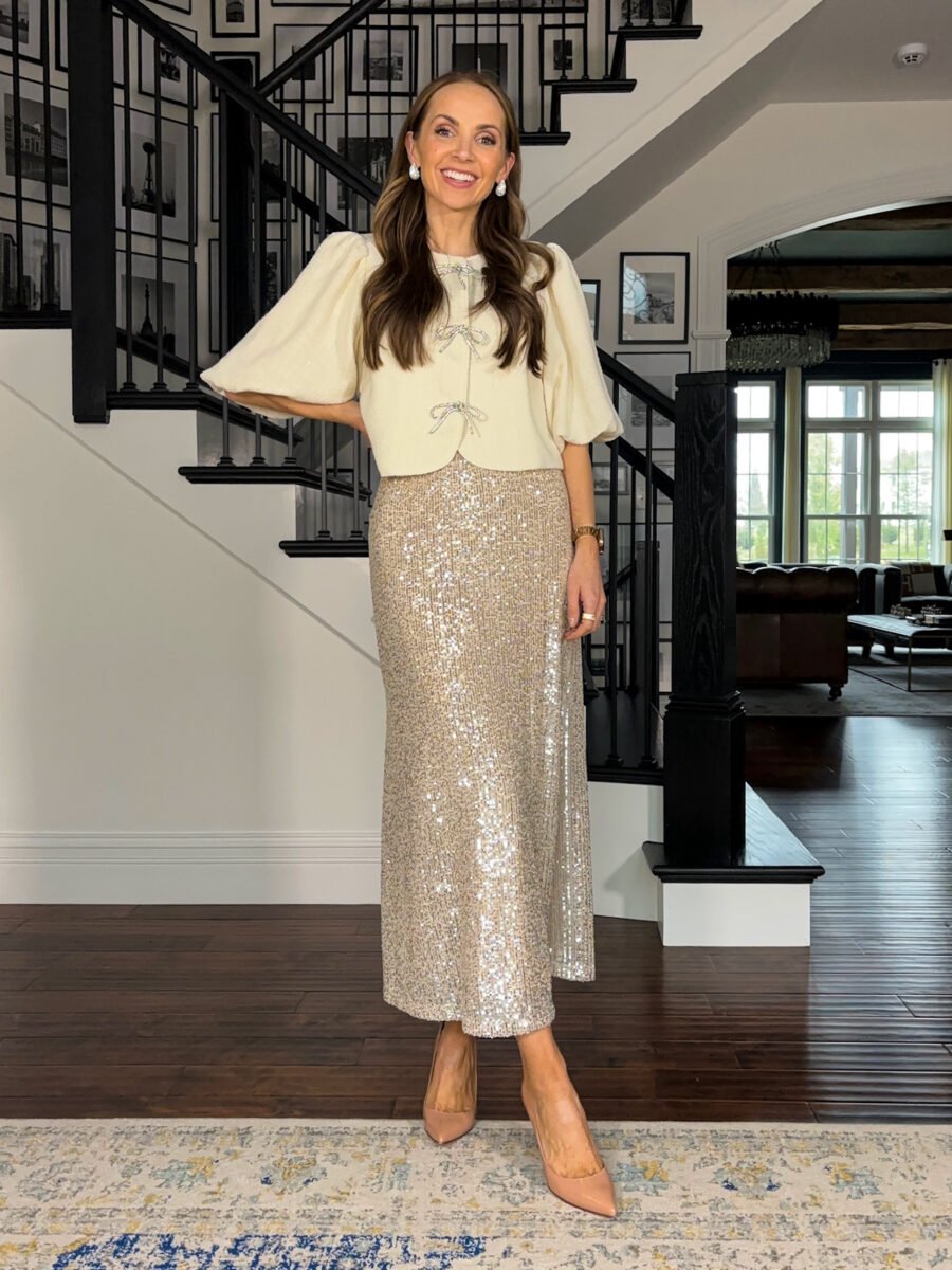 Holiday Outfit Ideas - Anthropologie sweater jacket, old navy skirt, nude heels, anthropologie earrings